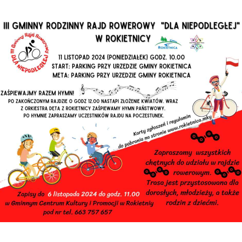 11 listopada 2024 r III Gminny Rodzinny Rajd Rowerowy "Dla Niepodległej" w Rokietnicy  