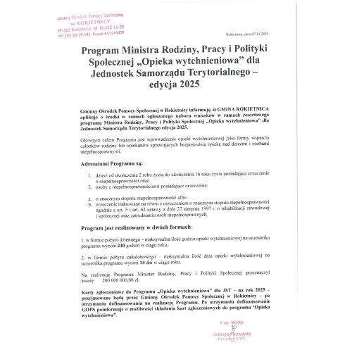 Program Ministra Rodziny, Pracy i Polityki Społecznej ,, Opieka wytchnieniowa'' dla Jednostek Samorządu Terytorialnego - edycja 2025