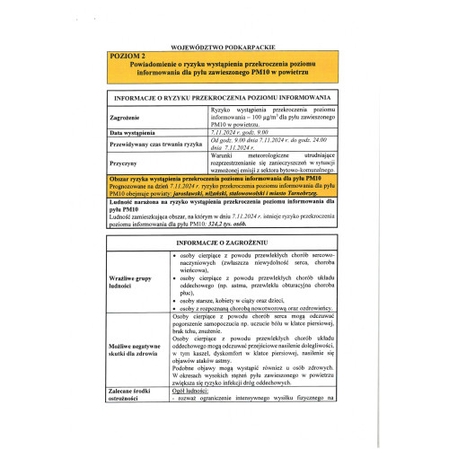 POWIADOMIENIE O RYZYKU WYSTĄPIENIA PRZEKROCZENIA POZIOMU INFORMOWANIA DLA PYŁU ZAWIESZONEGO PM10 W POWIETRZU