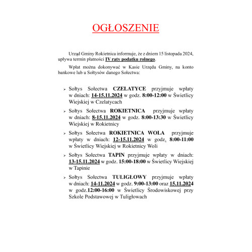 URZĄD GMINY ROKIETNICA INFORMUJE O TERMINIE PŁATNOŚCI IV RATY PODATKU ROLNEGO